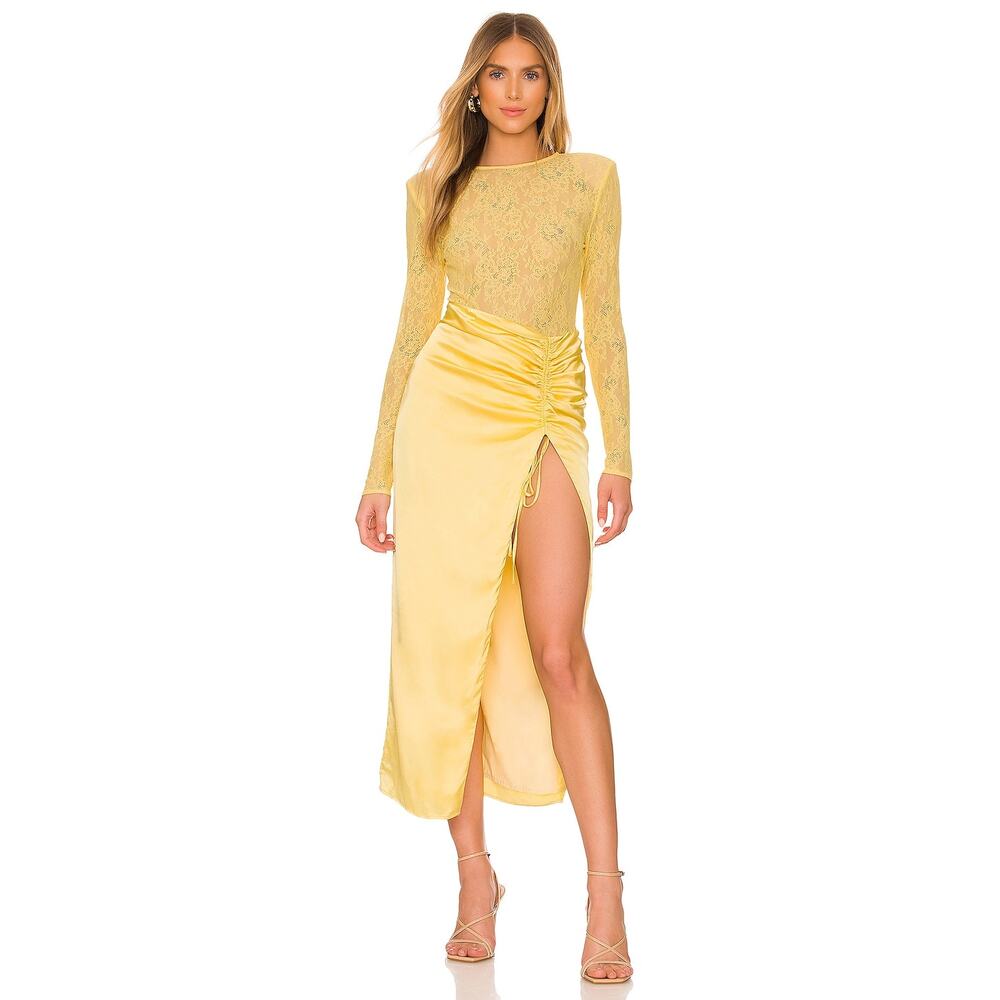 NBD Farah Midi Dress Yellow Lace Satin Skirt Slit Ruched Long Sleeve Sz S